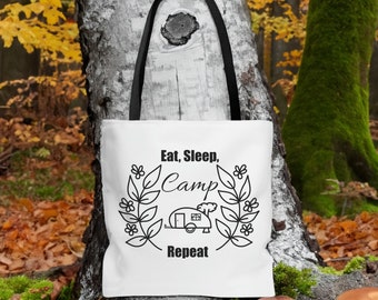 Eat Sleep Camp Repeat Tote Bag, Camper Gift, Weekend Getaway, RV Life Essential, Birthday Present for Camping Enthusiast, Travel Tote