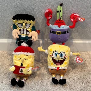 May include: Four plush toys from the cartoon Spongebob Squarepants. The toys are Spongebob, Patrick, Squidward, and Mr. Krabs. The toys are all wearing their signature clothing and have their signature facial expressions. The toys are all in good condition and have no rips or tears.