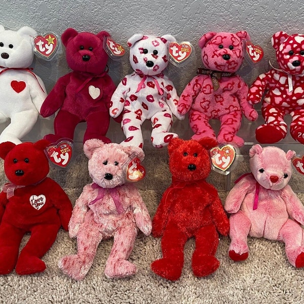 Ty Beanie Babies - Valentine Bears - Valentino, Valentina, Kissy, Heartley, Hearts-A-Flutter, Secret, Smitten, Sizzle, Romance (Your Choice)