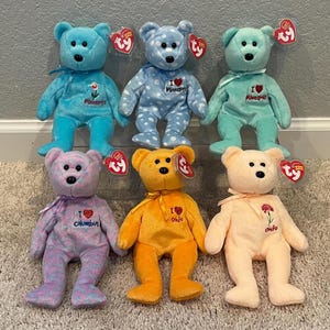 Ty Beanie Babies - &quot;I Love&quot; State & City Bears -  Minnesota, Lady&#39;s-Slipper, Minneapolis, Ohio, Columbus, Scarlet Carnation (Your Choice)