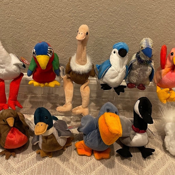 Ty Beanie Babies - Birds - Blue Jay, Parrot, Stork, Ostrich, Pelican, Buzzard, Goose, Rooster, Swan, Mallard, Robin (Your Choice)