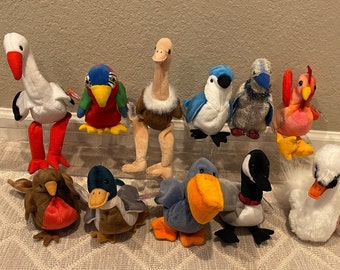 Ty Beanie Babies - Birds - Blue Jay, Parrot, Stork, Ostrich, Pelican, Buzzard, Goose, Rooster, Swan, Mallard, Robin (Your Choice)