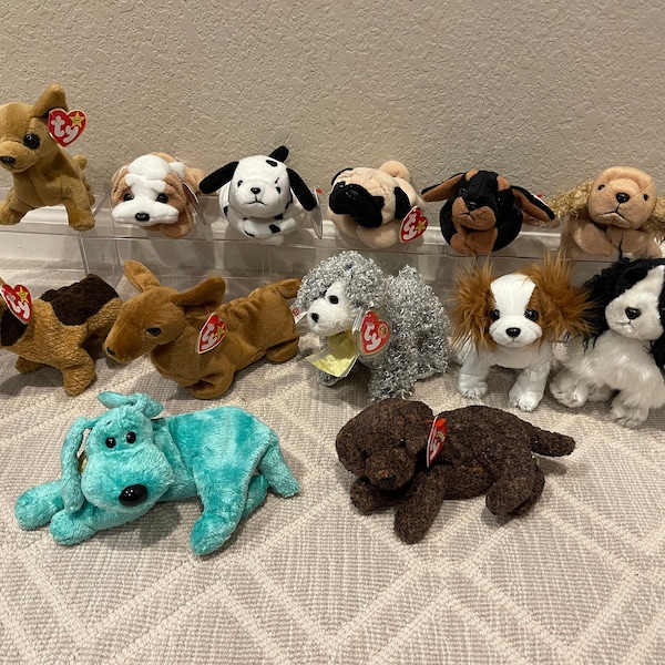 CLEARANCE!! Ty Beanie Babies - Dogs - Frolic, Regal, Diddley, Fetcher, Ramble, Weenie, Spunky, Tuffy, Puglsy, Dotty, Wrinkles (Your Choice)