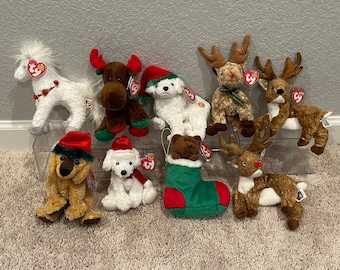 CLEARANCE!!! Ty Beanie Babies - Christmas - Hollyhorse, Trimmings, Tinsel, Jinglepup, Puppy Claus, Roxie, Rudy, Stockings (Your Choice)