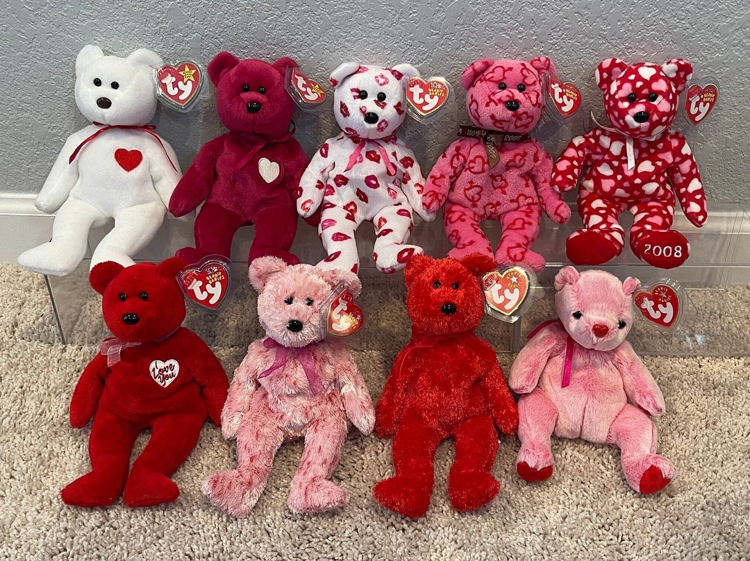 Ty Beanie Babies Valentine Bears Valentino, Valentina, Kissy, Heartley