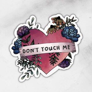 May include: A pink heart with a watercolor effect surrounded by flowers and greenery. A banner across the heart reads "DON'T TOUCH ME".