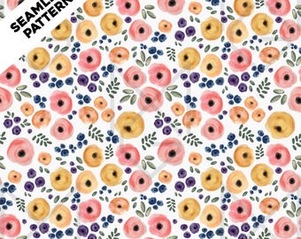 Sömlöst blommönster i akryl – handmålat digitalt akvarellpapper – direkt nedladdning för scrapbooking, tygdesign och sublimering
