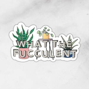 May include: A sticker with a white background and a green, yellow, and pink succulent plant design. The text "What the Fucclulent" is written in black and white.