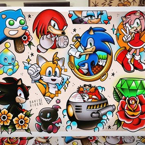 May include: A colourful illustration featuring characters from the Sonic the Hedgehog video game series. The characters include Sonic, Tails, Knuckles, Amy, Shadow, and Dr. Eggman. The illustration is done in a cartoon style and features bright colours and bold lines.