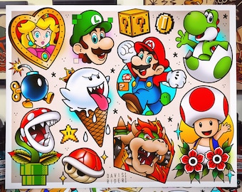 May include: A colorful illustration of various characters from the Super Mario Bros. video game series. The illustration includes Mario, Luigi, Peach, Bowser, Yoshi, Toad, and a Boo. The illustration is in a cartoon style and is perfect for fans of the Super Mario Bros. franchise.