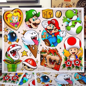 Super Plumber Bros Inspired Tattoo Flash Sheet
