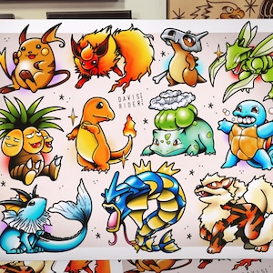 May include: A colorful print featuring various cartoon characters in a tattoo style. The characters are in vibrant colors, with bold outlines and shading. The print includes the text "DAVISE RIDERS".