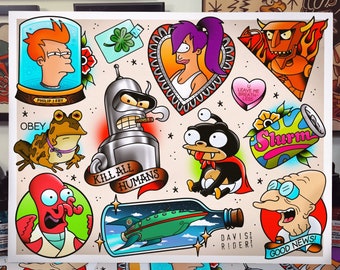 May include: A colorful illustration of various characters from the animated television series Futurama. The characters include Bender, Leela, Fry, and Zoidberg. The illustration is in a traditional tattoo style with bold outlines and bright colors.