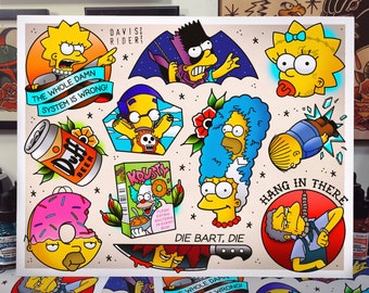 May include: A collection of nine colorful tattoo designs featuring characters from the animated television show The Simpsons. The designs include Bart Simpson, Homer Simpson, Marge Simpson, Lisa Simpson, and Krusty the Clown. The designs are in a traditional tattoo style with bold outlines and bright colors.