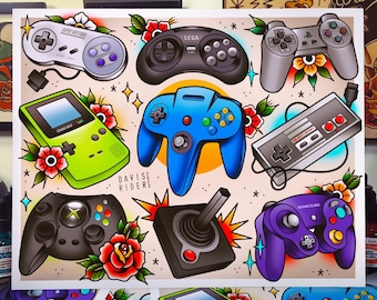 May include: A colourful illustration of various video game controllers, including a Super Nintendo, Sega Genesis, Game Boy Color, Nintendo 64, Xbox, Atari joystick, GameCube, and a NES controller. The illustration is in a traditional tattoo style with bold outlines and bright colours.