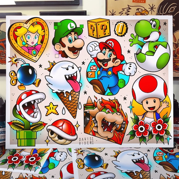 Super Plumber Bros Inspired Tattoo Flash Sheet - Etsy