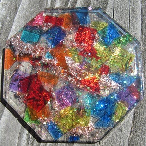 Flat sparkly orgonite disks/coasters/charging plates