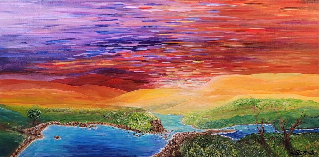 Original River Sunset Acrylic Painting | Colorful Landscape Canvas Art ...