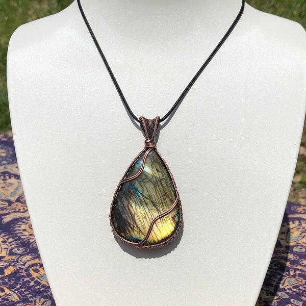 Handmade Yellow Green Labradorite Wire Wrap Pendant wrapped in oxidized copper wire with faux leather cord necklace