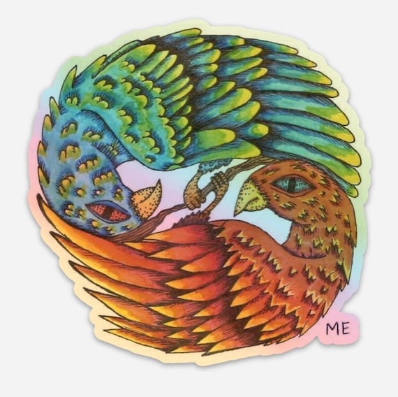 Holographic yin-yang birds sticker