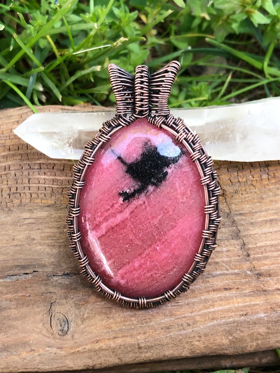 Pink Rhodonite Wire wrap Pendant wrapped in copper with faux leather cord necklace
