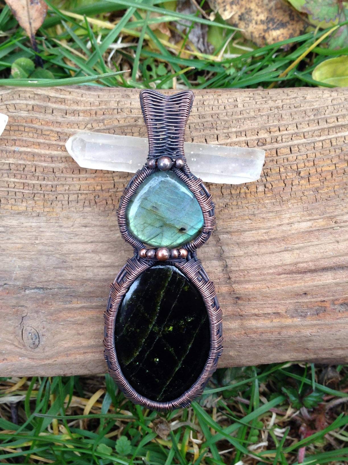 Green Labradorite and Black and Green Diopside wire wrap pendant ...