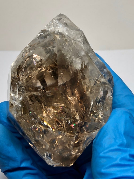 Large Herkimer Diamond Master Crystal w/ smoky amber hue + Rainbows & Starbrary Key Etching Double Terminated NY USA Ascension Quartz Reiki