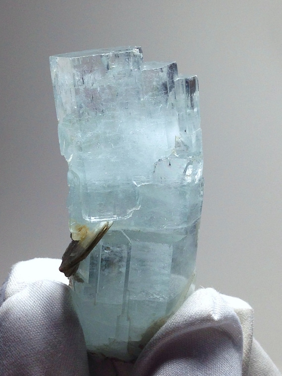 Unique Aquamarine Crystal Leaning Tower of Aqua - Natural stacked parallel growth formations + Stepped Terminations + glass luster & Etching