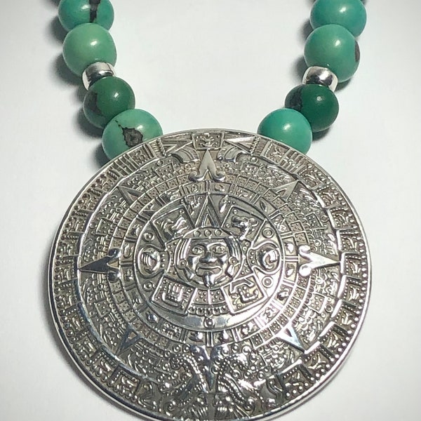 OOAK Handmade Aztec Calendar Beaded Necklace Solid 925 Silver Pendant & Beads w/ Seafoam Mint Green Amazonian Acai Seeds on Natural Leather