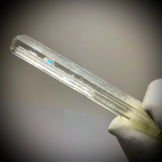 Long Aquador Golden Beryl Angel Chime Crystal from M.G. Brazil Double Terminated Transparent Prismatic Gem Floater Green Heliodor Aquamarine