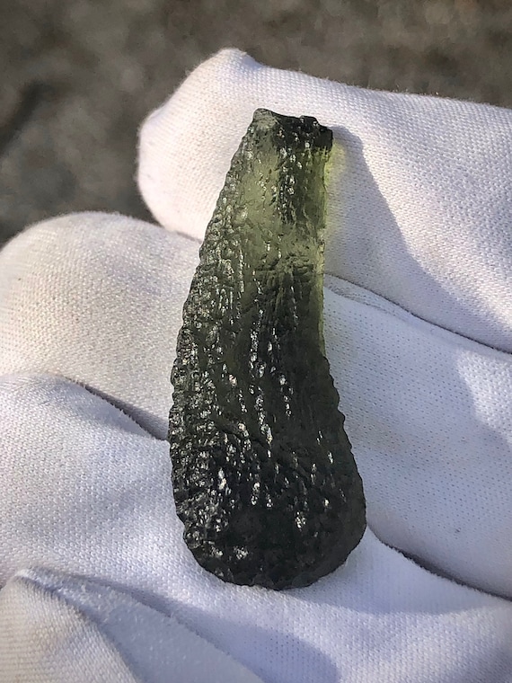 Authentic Gem Moldavite w/ Certificate of Authenticity! Olive-Forest Green Crystal w/ excellent texture & color + pickle Drop shape