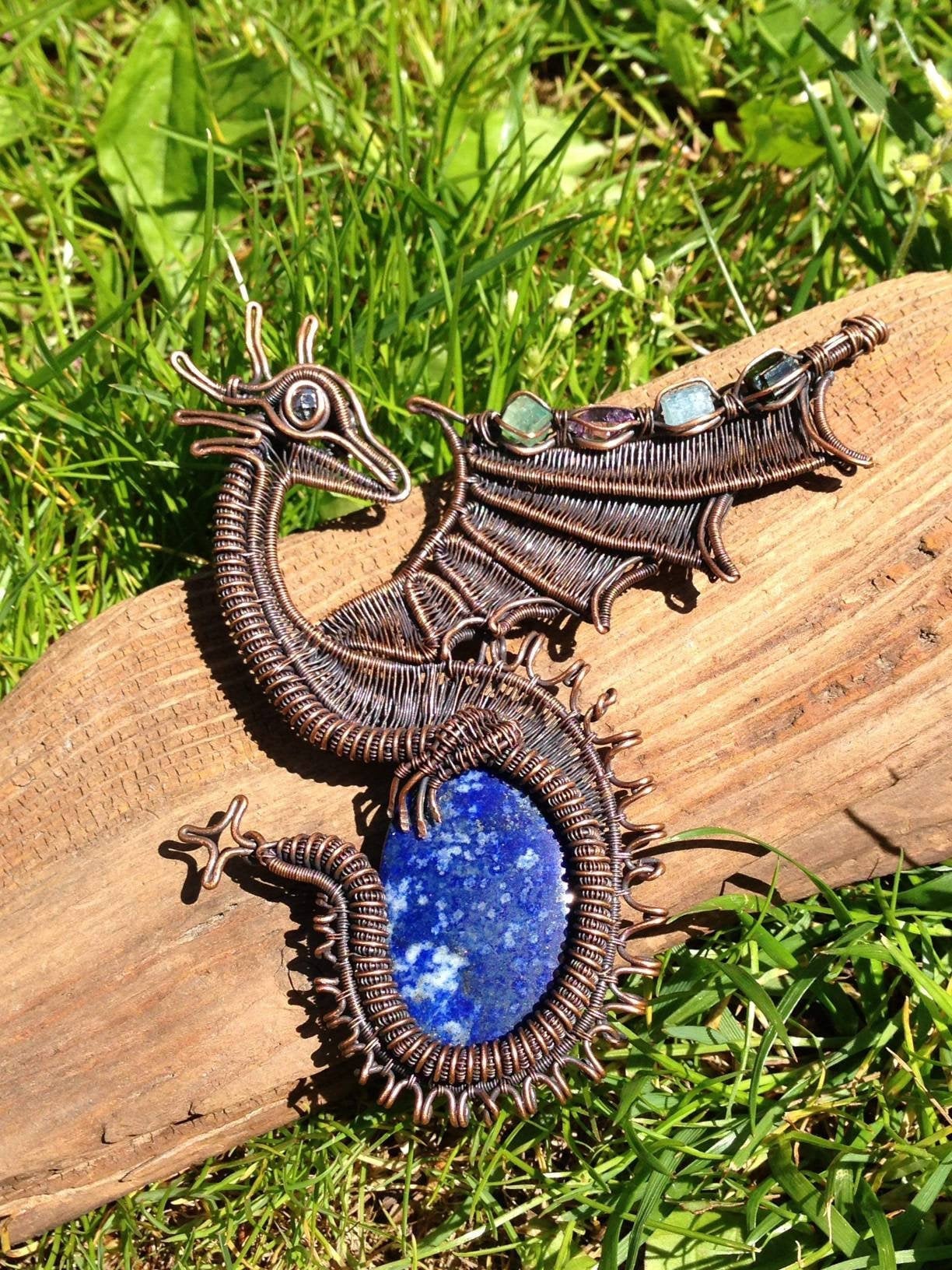 Dragon Wire Wrap copper Pendant Lapis Lazuli Herkimer Diamond Emerald