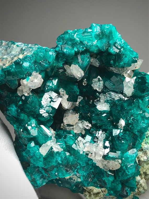 Rare Dioptase Vug Specimen w/ DT Quartz Crystals * like Geode Cave * Deep Emerald Green & Gemmy from Tsumeb Mine Otjikoto Namibia Namibian