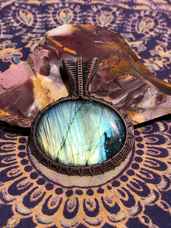 Handmade Blue Green Labradorite Wire Wrap Pendant wrapped in oxidized copper wire with faux leather cord necklace