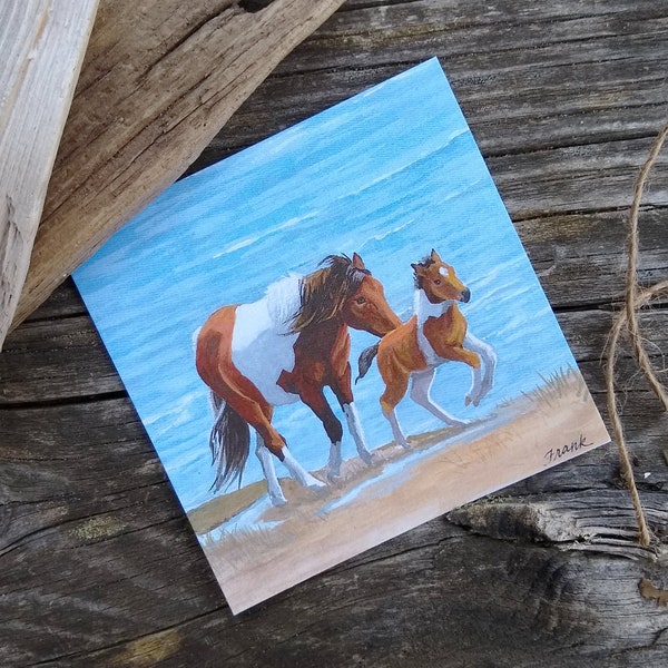 4"x4" Wild ponies of Assateague Island art print, pinto mare and foal on beach, mini gouache art print, miniature artwork, tiny paintings