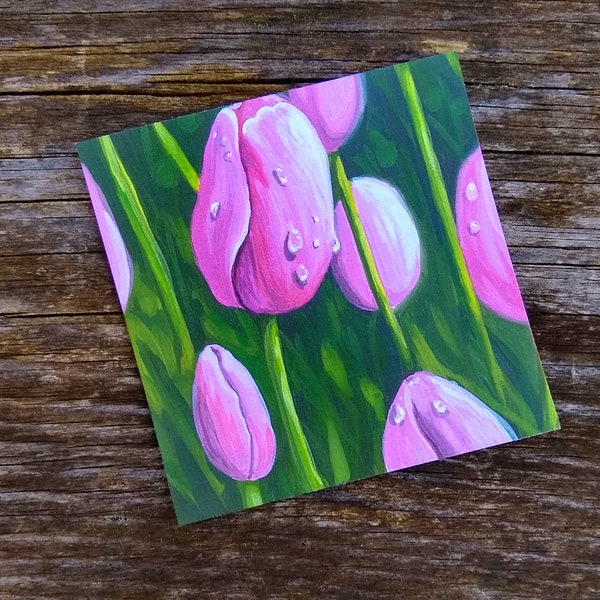 4"x4" Pink tulips art print Holland Michigan Tulip Festival miniature paintings   028