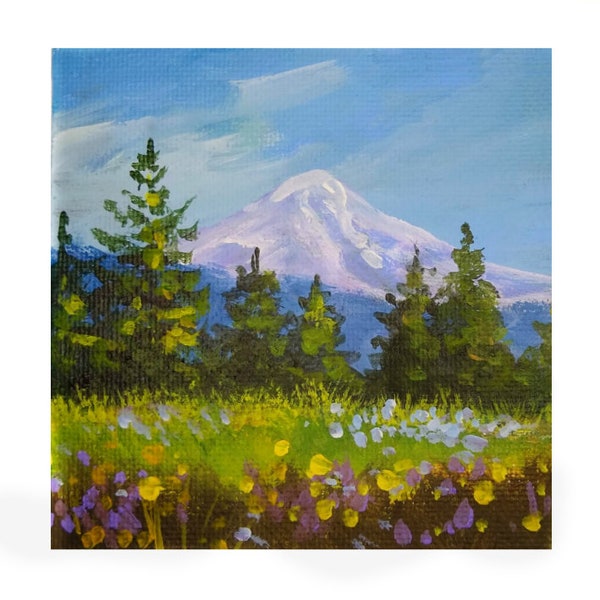 Original acrylic painting, mountains and wildflowers, 4" x 4" canvas panel, not a print, Theresa Frank Art