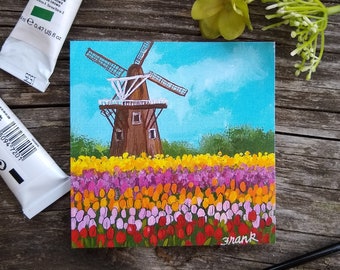 4"x4" Tulips and windmill art print, mini art print Holland Michigan Tulip Festival    014