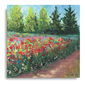 Poppy Field Giclée Print: Signed Miniature Floral Landscape Art (4x4&quot;)