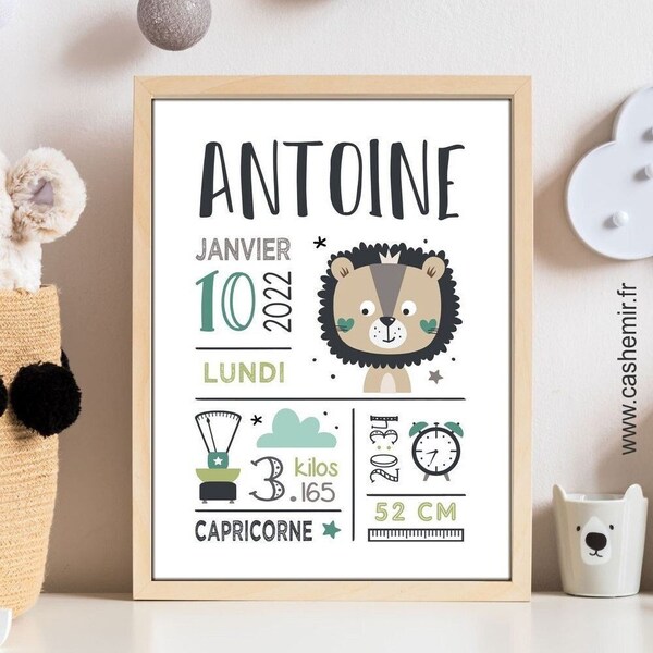 Cadeau de naissance personnalisé garçon | Décoration chambre bébé fille | affiche de naissance personnalisable | affiche roi lion lionne