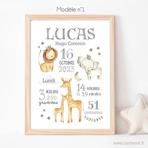 Personalized birth gift for boy and girl | Baby room decoration | customizable birth poster | Lion Elephant Giraffe poster