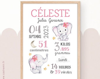 Chambre bébé fille éléphant rose | Illustration chambre enfant | Cadeau naissance personnalisé | Affiche de naissance personnalisable bébé