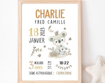 Cadeau de Naissance Personnalisé Koala Garçon Fille | Décoration chambre bébé | Affiche de naissance personnalisable | Poster Prénom