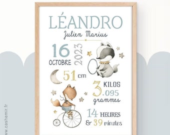 Affiche de Naissance Bébé | Cadeau de naissance personnalisé garçon fille | Décoration chambre bébé | Poster personnalisable Animaux enfant