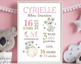 Cadeau de Naissance Personnalisé Fille Garçon | Décoration chambre bébé | Affiche de naissance Prénom personnalisable | Koala ou Panda