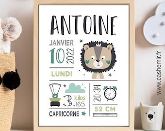 Cadeau de naissance personnalisé garçon | Décoration chambre bébé fille | affiche de naissance personnalisable | affiche roi lion lionne