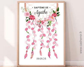 Arbre à empreintes Dreamcatcher Baptême fille | Cadeau de baptême personnalisé bébé | Arbre empreinte personnalisable Mariage Anniversaire