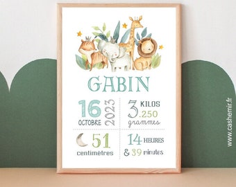 Affiche de Naissance Bébé | Cadeau de naissance personnalisé garçon fille | Décoration chambre bébé | Poster personnalisable Safari enfant