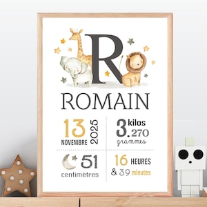 Cadeau bébé garçon | Illustration chambre enfant | Cadeau naissance personnalisé | Affiche de naissance personnalisable Animaux Initiale