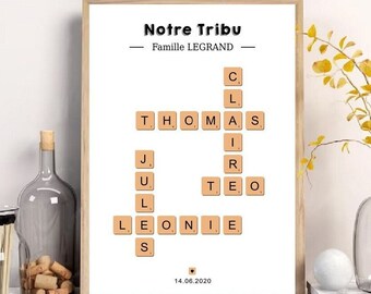 Affiche Famille Prénom Scrabble | Cadeau personnalisé Famille Couple, Saint-Valentin, Naissance | Décoration murale | Poster personnalisable